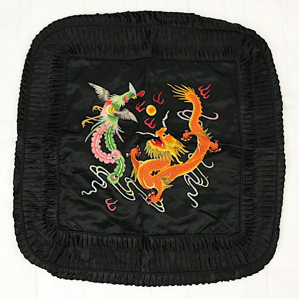 Vintage Dragon Embroidered Black Satin Square Throw Pillow Case Cover 1960s